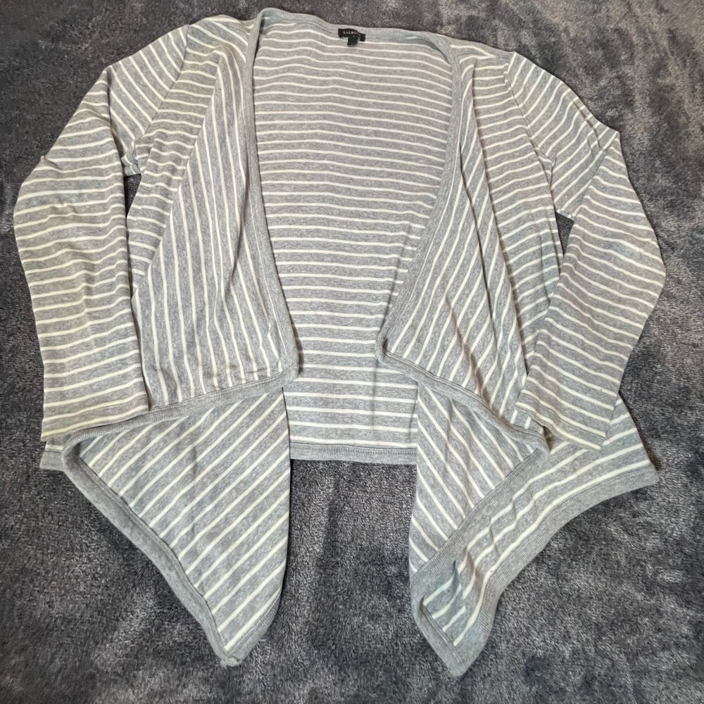 Talbots Women's Gray White Striped Open Front Long Sleeve Sweater Size Medium